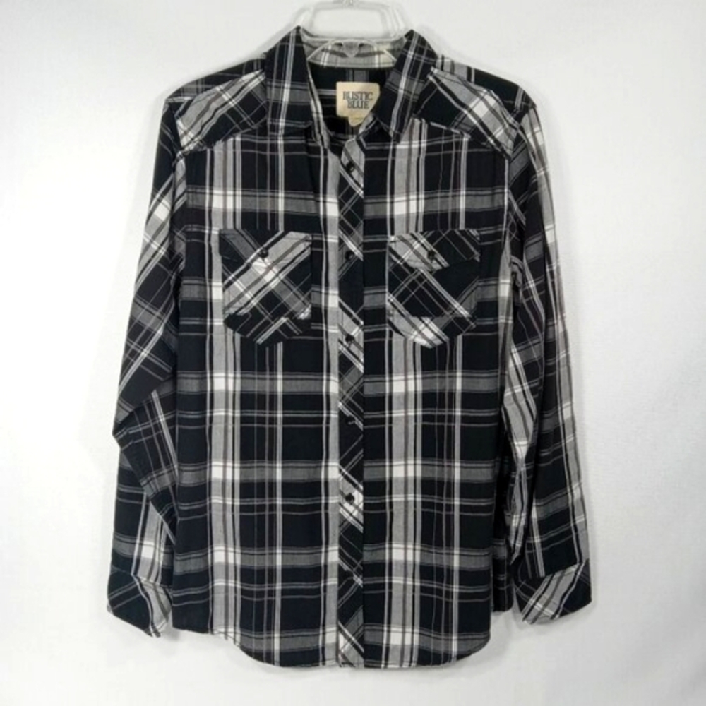 RUSTIC BLUE Men's Black & White Plaid Button Down Long Sleeve Shirt Size Medium
